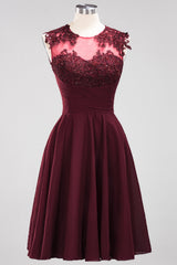 Cute Chiffon Round Neck Short Burgundy Bridesmaid Dresses with Appliques-Babyonlines