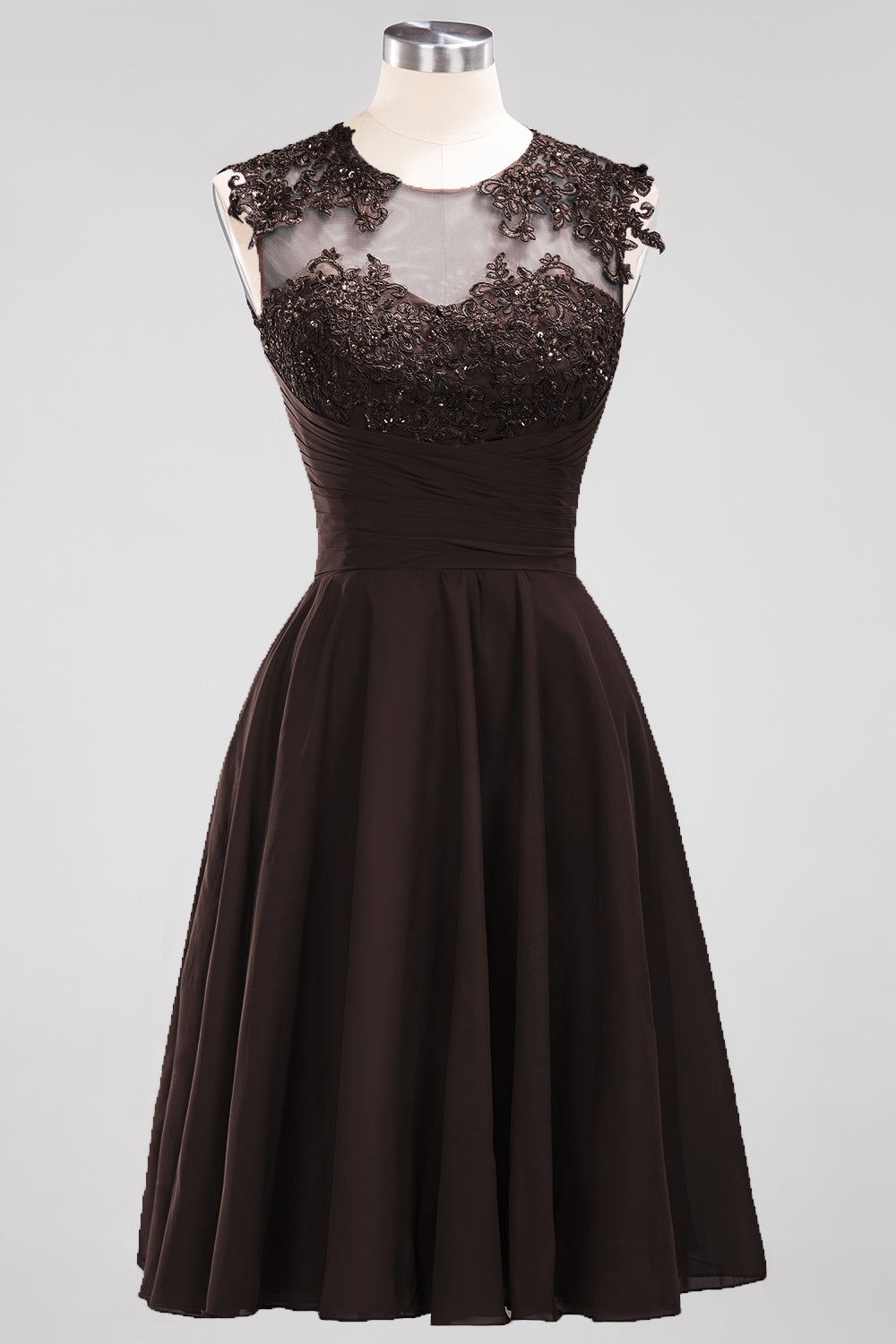 Cute Chiffon Round Neck Short Burgundy Bridesmaid Dresses with Appliques-Babyonlines