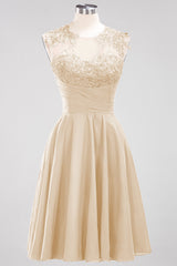 Cute Chiffon Round Neck Short Burgundy Bridesmaid Dresses with Appliques-Babyonlines