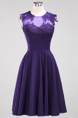 Cute Chiffon Round Neck Short Burgundy Bridesmaid Dresses with Appliques-Babyonlines