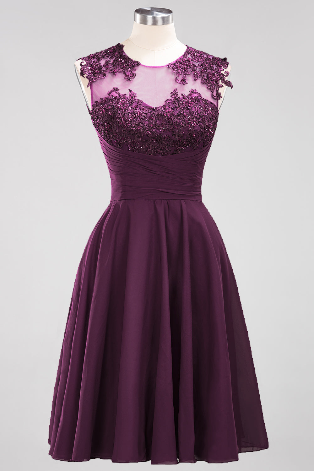 Cute Chiffon Round Neck Short Burgundy Bridesmaid Dresses with Appliques-Babyonlines