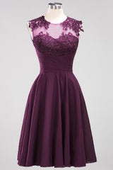 Cute Chiffon Round Neck Short Burgundy Bridesmaid Dresses with Appliques-Babyonlines