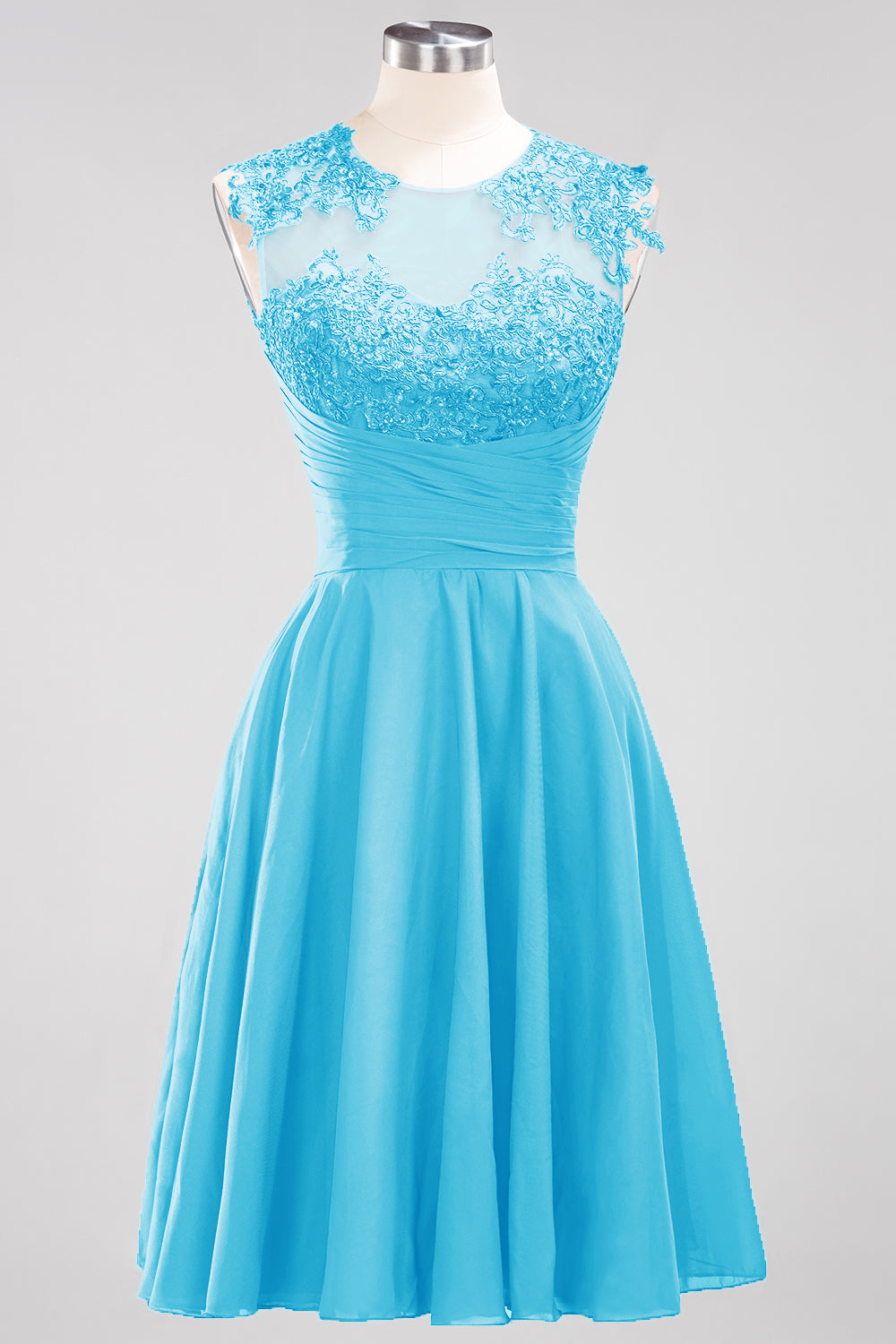 Cute Chiffon Round Neck Short Burgundy Bridesmaid Dresses with Appliques-Babyonlines