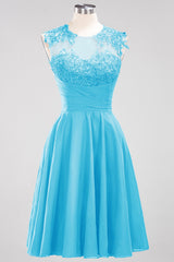 Cute Chiffon Round Neck Short Burgundy Bridesmaid Dresses with Appliques-Babyonlines