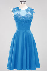 Cute Chiffon Round Neck Short Burgundy Bridesmaid Dresses with Appliques-Babyonlines