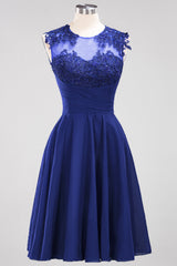 Cute Chiffon Round Neck Short Burgundy Bridesmaid Dresses with Appliques-Babyonlines