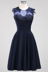 Cute Chiffon Round Neck Short Burgundy Bridesmaid Dresses with Appliques-Babyonlines