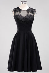 Cute Chiffon Round Neck Short Burgundy Bridesmaid Dresses with Appliques-Babyonlines