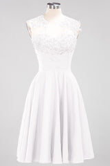 Cute Chiffon Round Neck Short Burgundy Bridesmaid Dresses with Appliques-Babyonlines