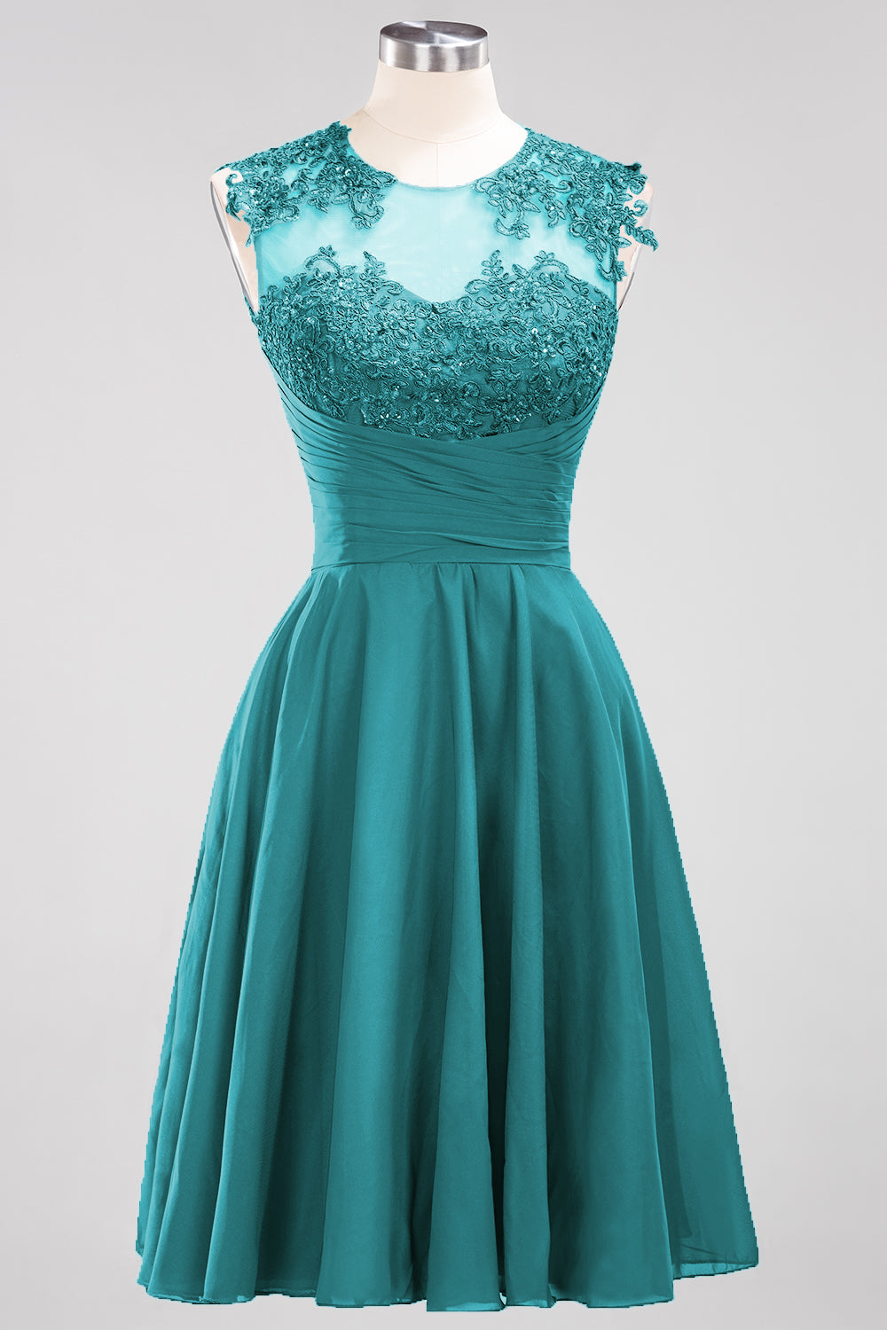 Cute Chiffon Round Neck Short Burgundy Bridesmaid Dresses with Appliques-Babyonlines