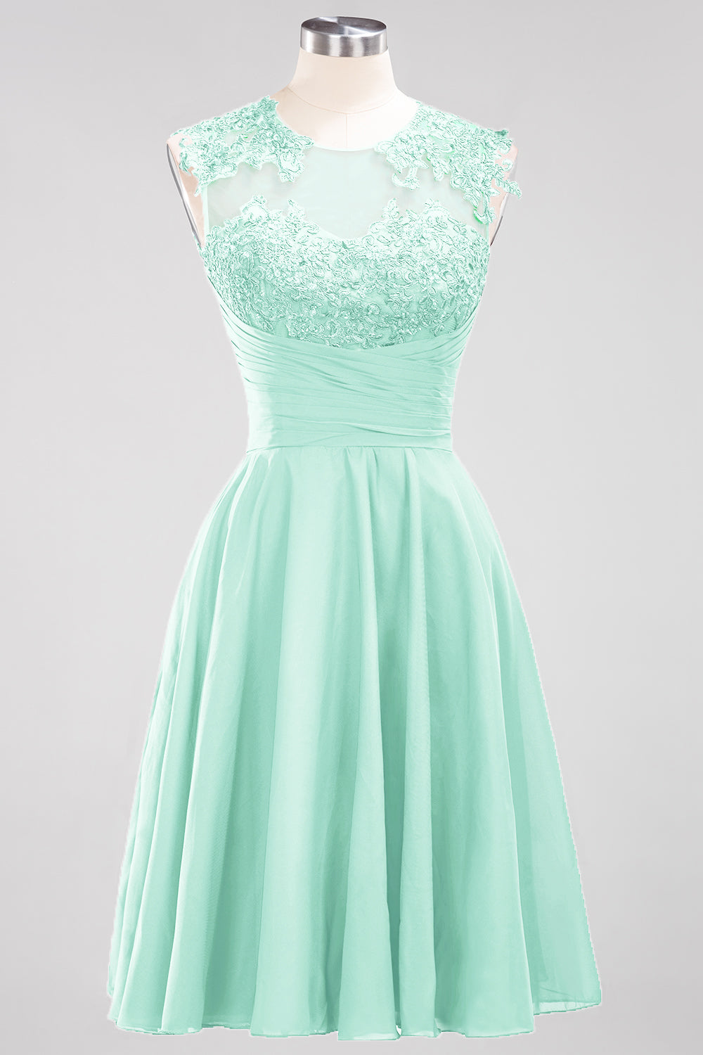 Cute Chiffon Round Neck Short Burgundy Bridesmaid Dresses with Appliques-Babyonlines