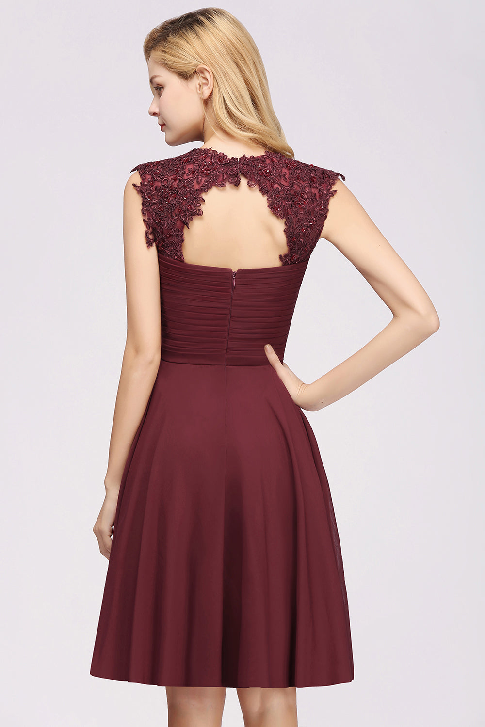 Cute Chiffon Round Neck Short Burgundy Bridesmaid Dresses with Appliques-Babyonlines