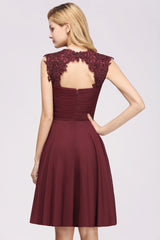 Cute Chiffon Round Neck Short Burgundy Bridesmaid Dresses with Appliques-Babyonlines