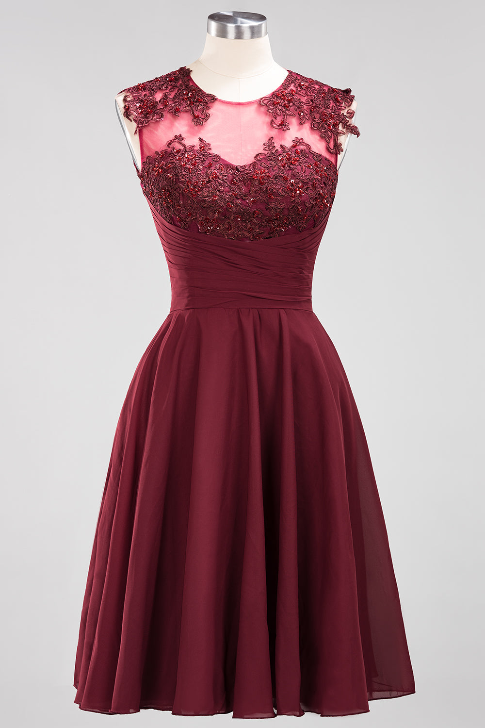 Cute Chiffon Round Neck Short Burgundy Bridesmaid Dresses with Appliques-Babyonlines