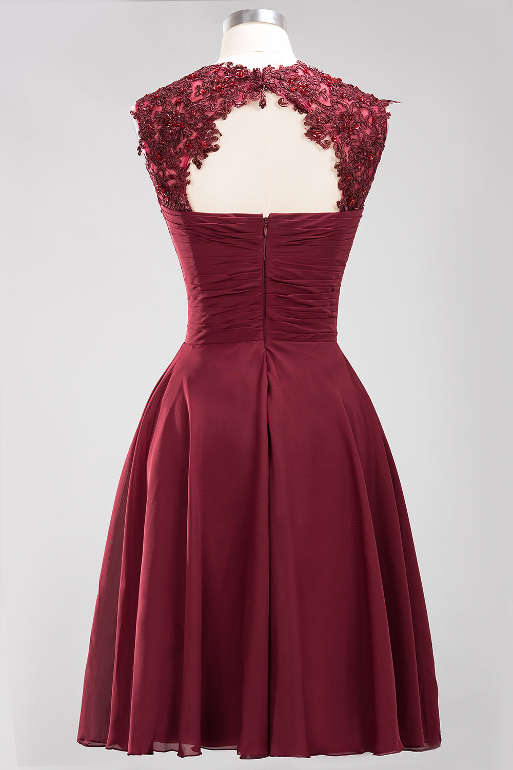 Cute Chiffon Round Neck Short Burgundy Bridesmaid Dresses with Appliques-Babyonlines