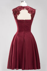 Cute Chiffon Round Neck Short Burgundy Bridesmaid Dresses with Appliques-Babyonlines