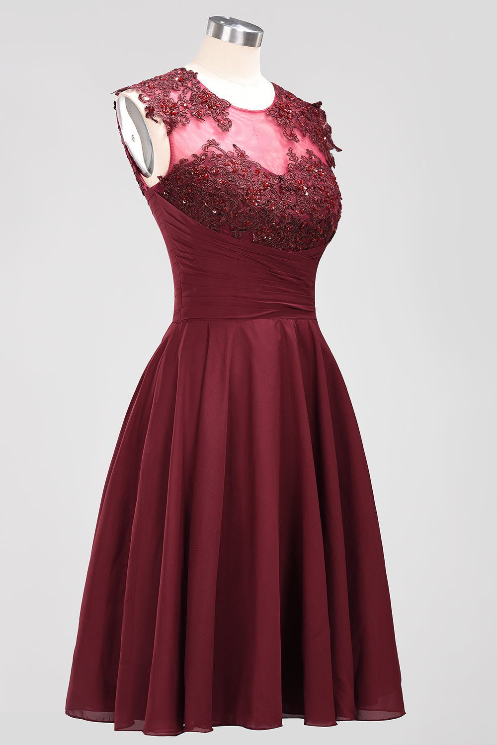Cute Chiffon Round Neck Short Burgundy Bridesmaid Dresses with Appliques-Babyonlines