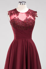 Cute Chiffon Round Neck Short Burgundy Bridesmaid Dresses with Appliques-Babyonlines