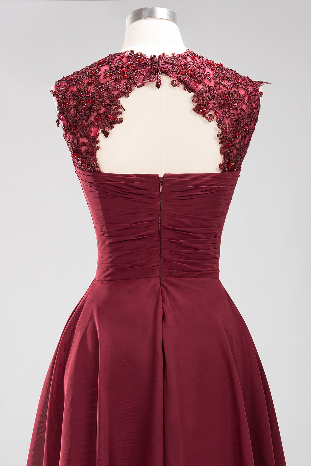 Cute Chiffon Round Neck Short Burgundy Bridesmaid Dresses with Appliques-Babyonlines