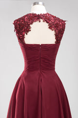 Cute Chiffon Round Neck Short Burgundy Bridesmaid Dresses with Appliques-Babyonlines