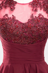 Cute Chiffon Round Neck Short Burgundy Bridesmaid Dresses with Appliques-Babyonlines