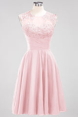 Cute Chiffon Round Neck Short Burgundy Bridesmaid Dresses with Appliques-Babyonlines