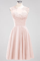 Cute Chiffon Round Neck Short Burgundy Bridesmaid Dresses with Appliques-Babyonlines