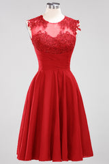 Cute Chiffon Round Neck Short Burgundy Bridesmaid Dresses with Appliques-Babyonlines