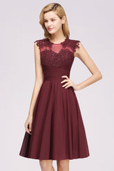 Cute Chiffon Round Neck Short Burgundy Bridesmaid Dresses with Appliques-Babyonlines