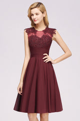 Cute Chiffon Round Neck Short Burgundy Bridesmaid Dresses with Appliques-Babyonlines