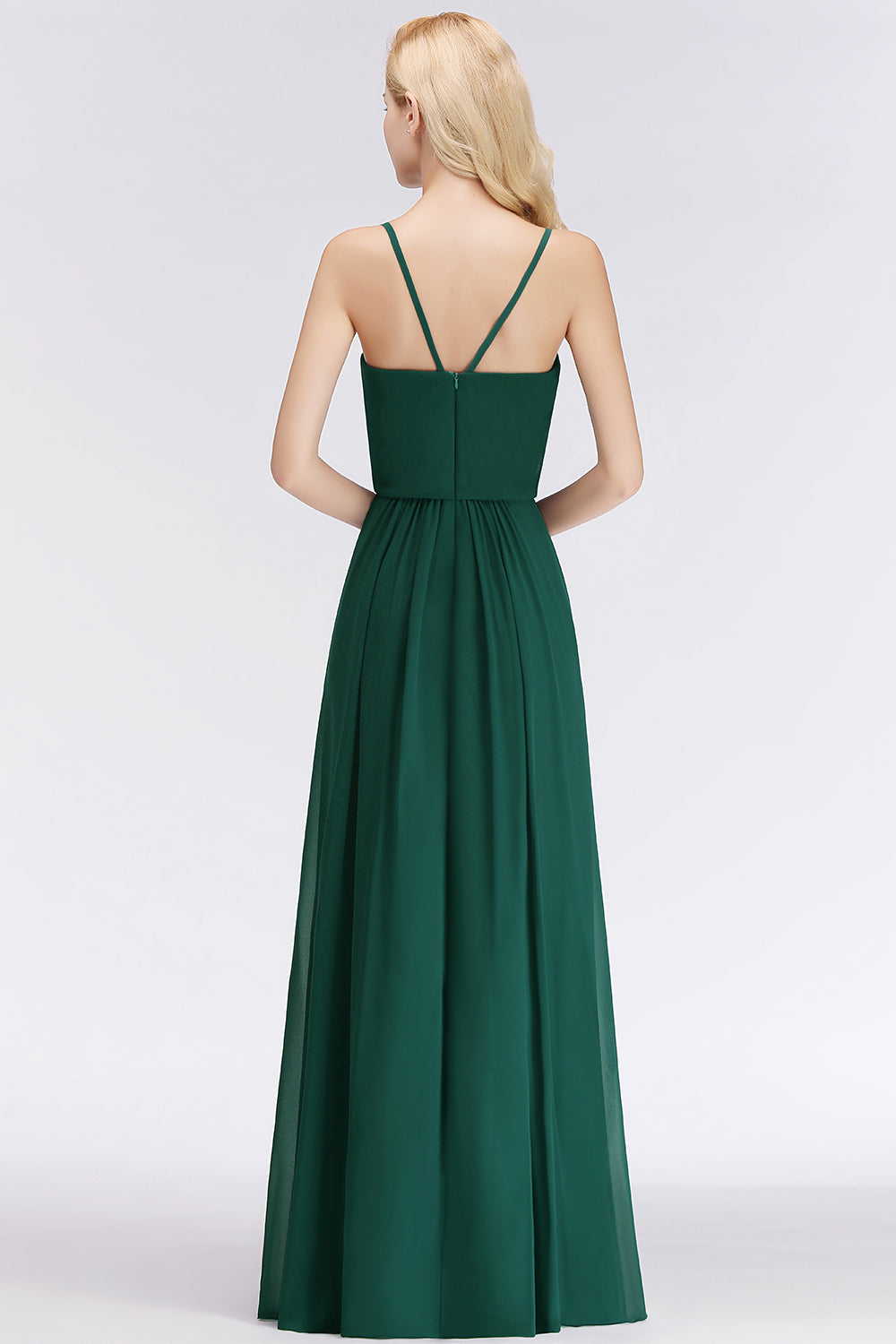 Dark Green Chiffon Spaghetti-Straps Modest Bridesmaid Dress Online-Babyonlines