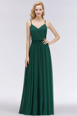 Dark Green Chiffon Spaghetti-Straps Modest Bridesmaid Dress Online-Babyonlines