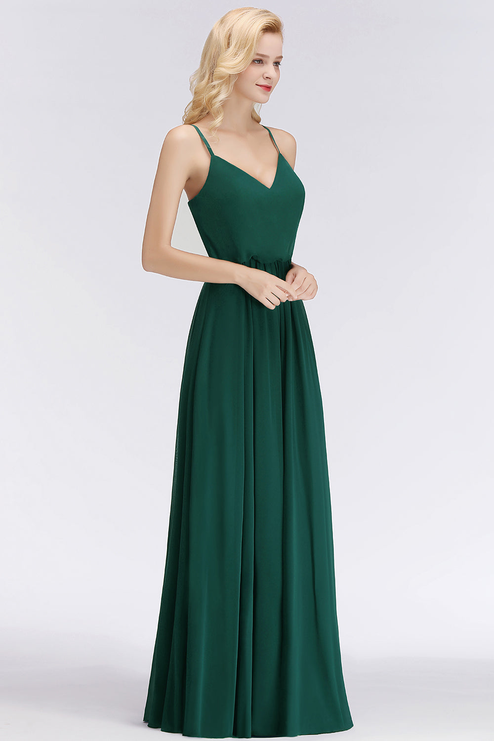 Dark Green Chiffon Spaghetti-Straps Modest Bridesmaid Dress Online-Babyonlines