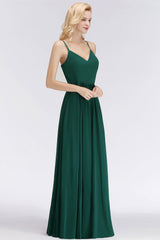 Dark Green Chiffon Spaghetti-Straps Modest Bridesmaid Dress Online-Babyonlines