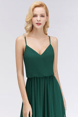 Dark Green Chiffon Spaghetti-Straps Modest Bridesmaid Dress Online-Babyonlines
