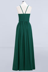 Dark Green Chiffon Spaghetti-Straps Modest Bridesmaid Dress Online-Babyonlines