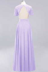 Dark Navy Open-Back Long Bridesmaid Dress With Short Sleeves-Babyonlines