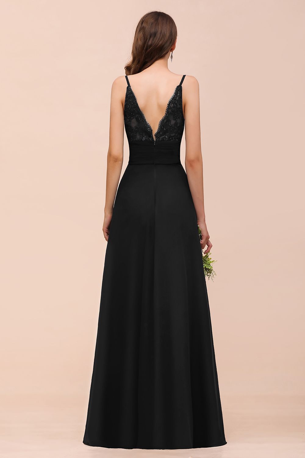 Deep V Neck Spaghetti Straps Slit Long Black Bridesmaid Dress-Babyonlines