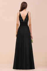 Deep V Neck Spaghetti Straps Slit Long Black Bridesmaid Dress-Babyonlines