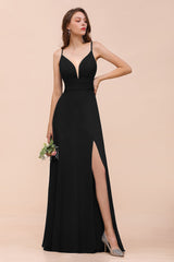 Deep V Neck Spaghetti Straps Slit Long Black Bridesmaid Dress-Babyonlines