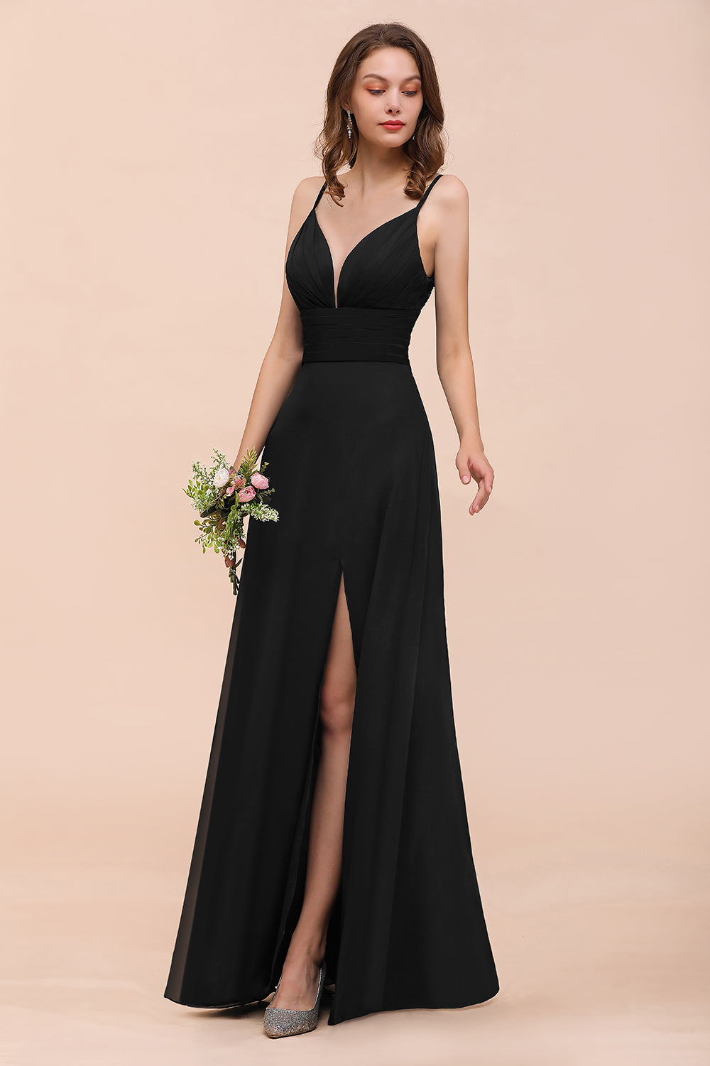 Deep V Neck Spaghetti Straps Slit Long Black Bridesmaid Dress-Babyonlines
