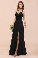 Deep V Neck Spaghetti Straps Slit Long Black Bridesmaid Dress-Babyonlines