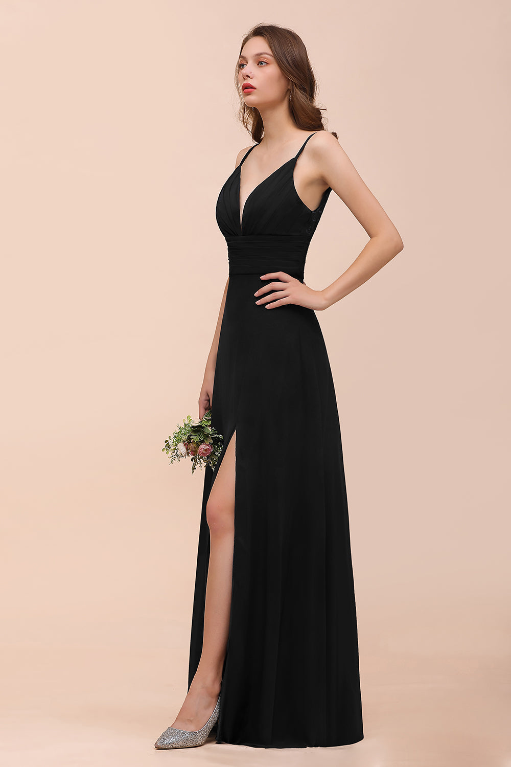 Deep V Neck Spaghetti Straps Slit Long Black Bridesmaid Dress-Babyonlines