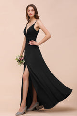 Deep V Neck Spaghetti Straps Slit Long Black Bridesmaid Dress-Babyonlines