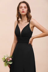 Deep V Neck Spaghetti Straps Slit Long Black Bridesmaid Dress-Babyonlines