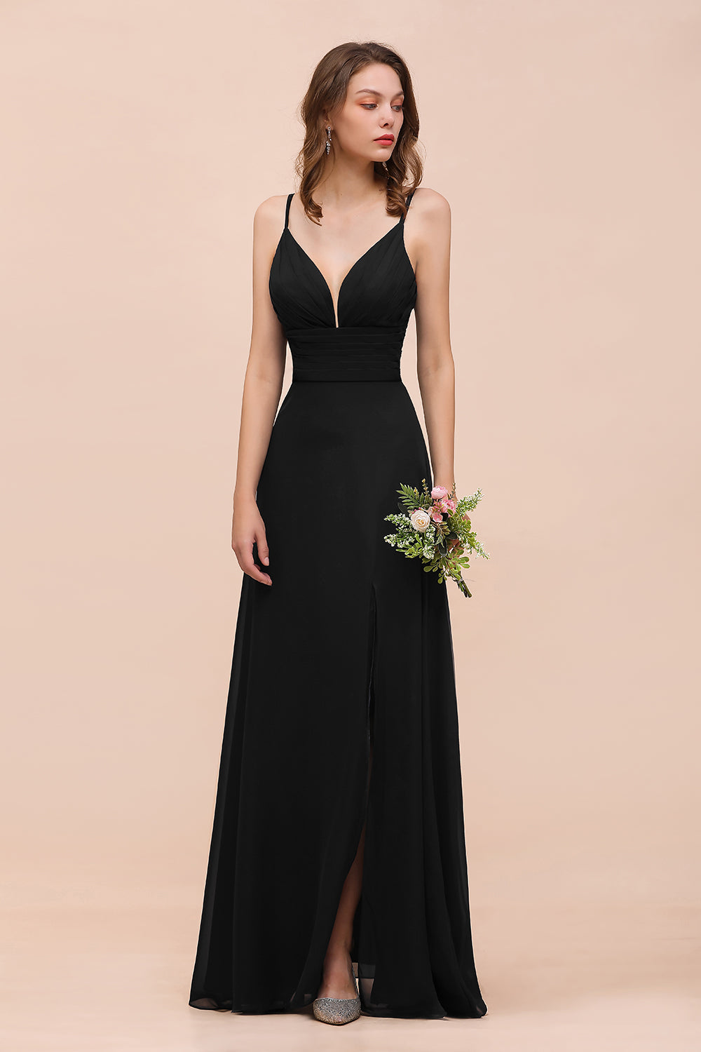 Deep V Neck Spaghetti Straps Slit Long Black Bridesmaid Dress-Babyonlines