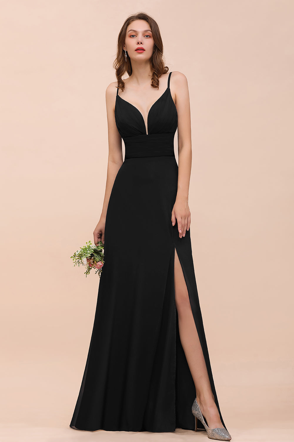 Deep V Neck Spaghetti Straps Slit Long Black Bridesmaid Dress-Babyonlines