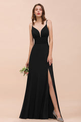 Deep V Neck Spaghetti Straps Slit Long Black Bridesmaid Dress-Babyonlines