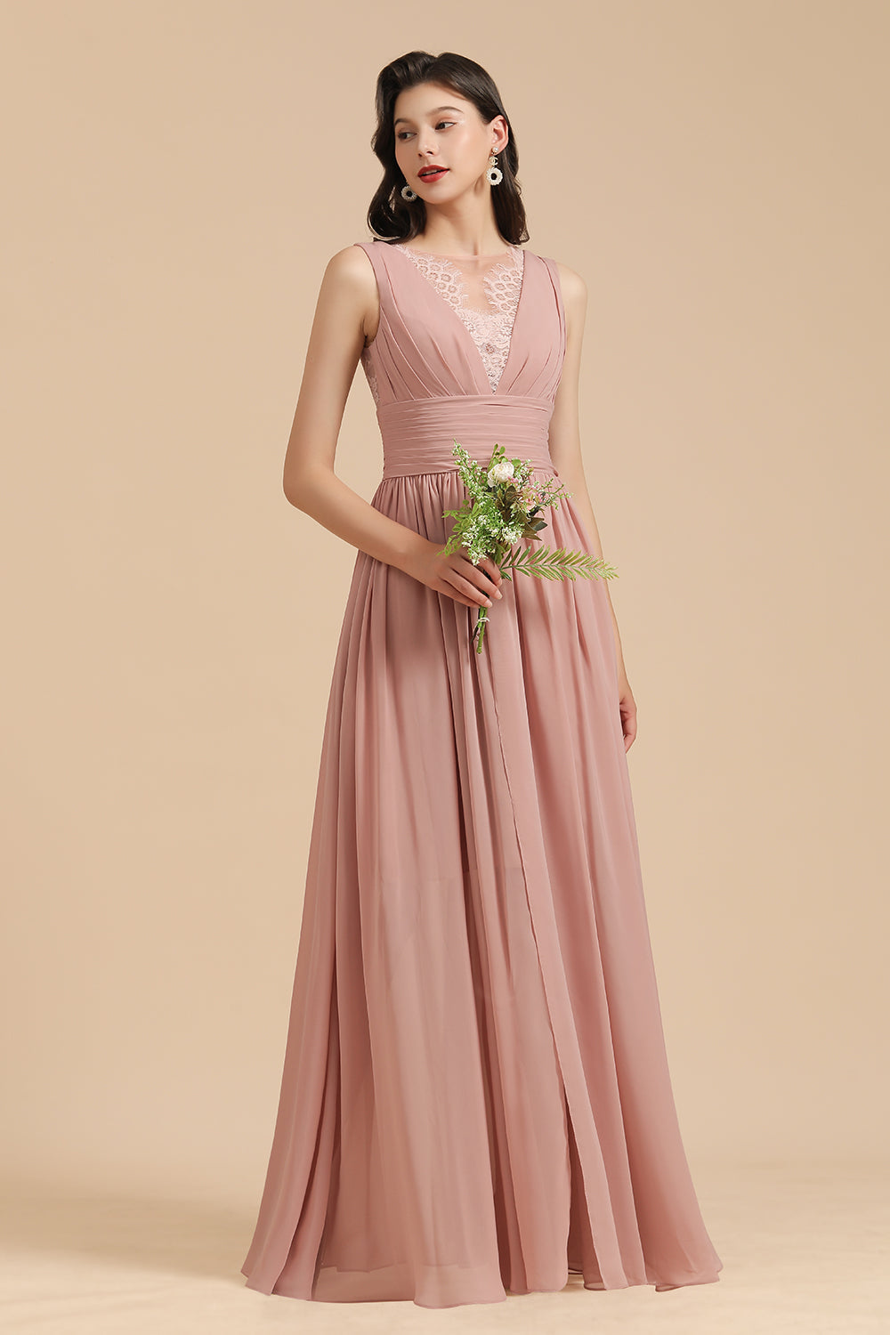 Dusty Rose Chiffon V-Neck Bridesmaid Dress Long-Babyonlines