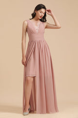 Dusty Rose Chiffon V-Neck Bridesmaid Dress Long-Babyonlines